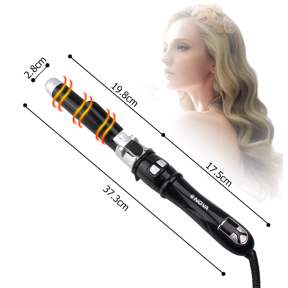 Nova black curling iron with clamp and heat indicator, shown with dimensions and model with wavy hair