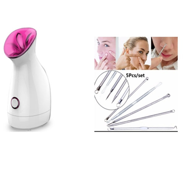 white facial steamer with pink nozzle and set of 5 stainless steel blackhead removal tools with usage demonstration