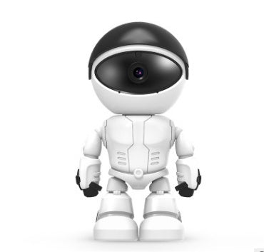 White robot with black dome head featuring a camera lens, standing on white background