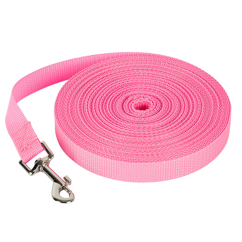 Pink nylon pet leash rolled with metal clasp for dog walking, durable and washable