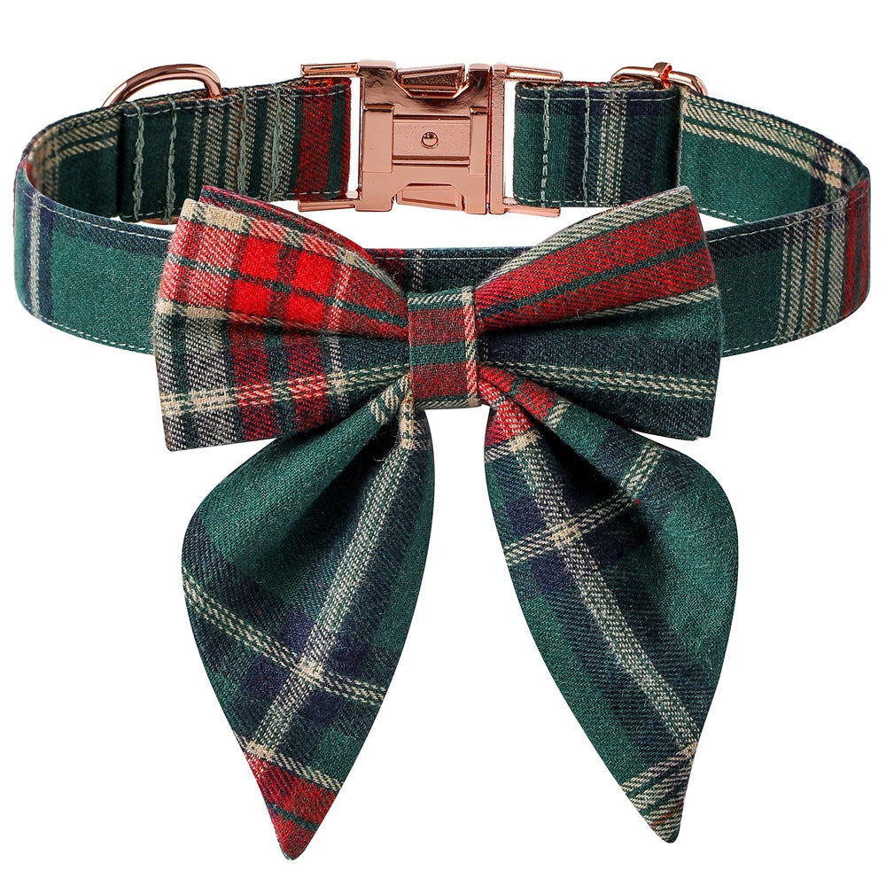 Adjustable red and green plaid Christmas dog collar with rose gold metal buckle and bow