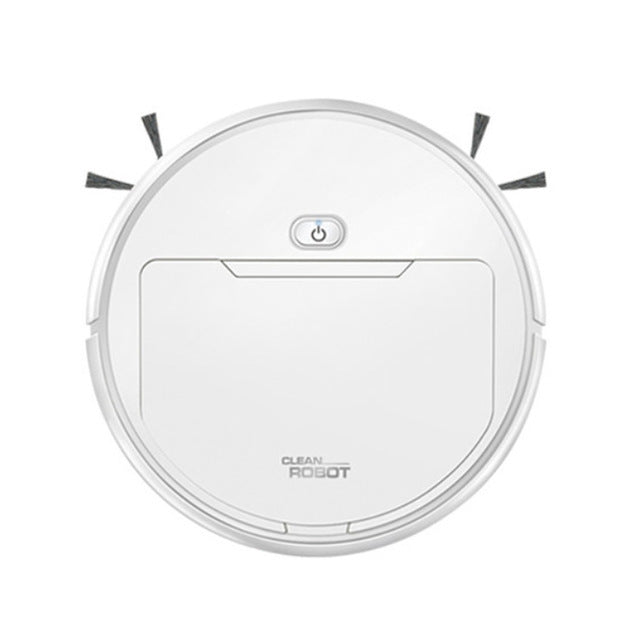white round robotic vacuum cleaner with power button and side brushes on white background