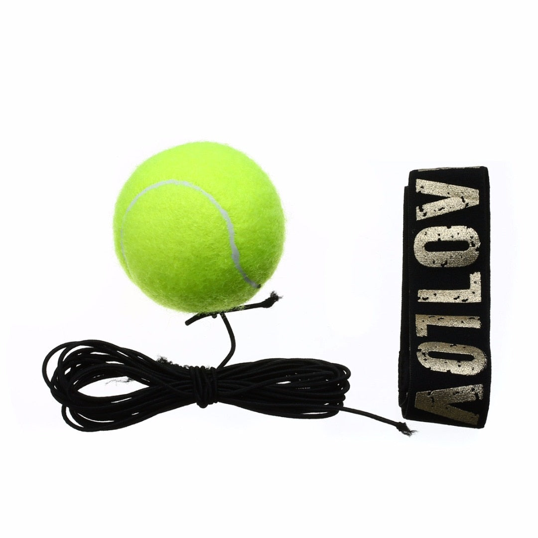 Green tennis punch ball with black elastic cord and black boxing reflex strap on white background