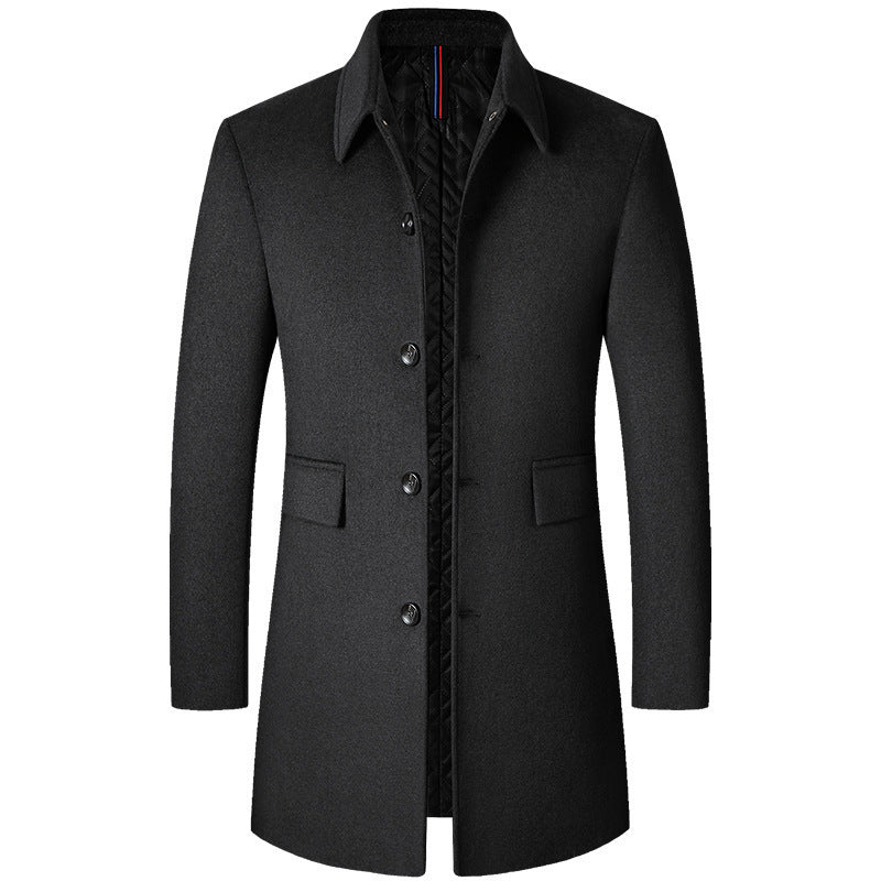 Men's mid-length dark gray wool coat with button closure and welt pockets