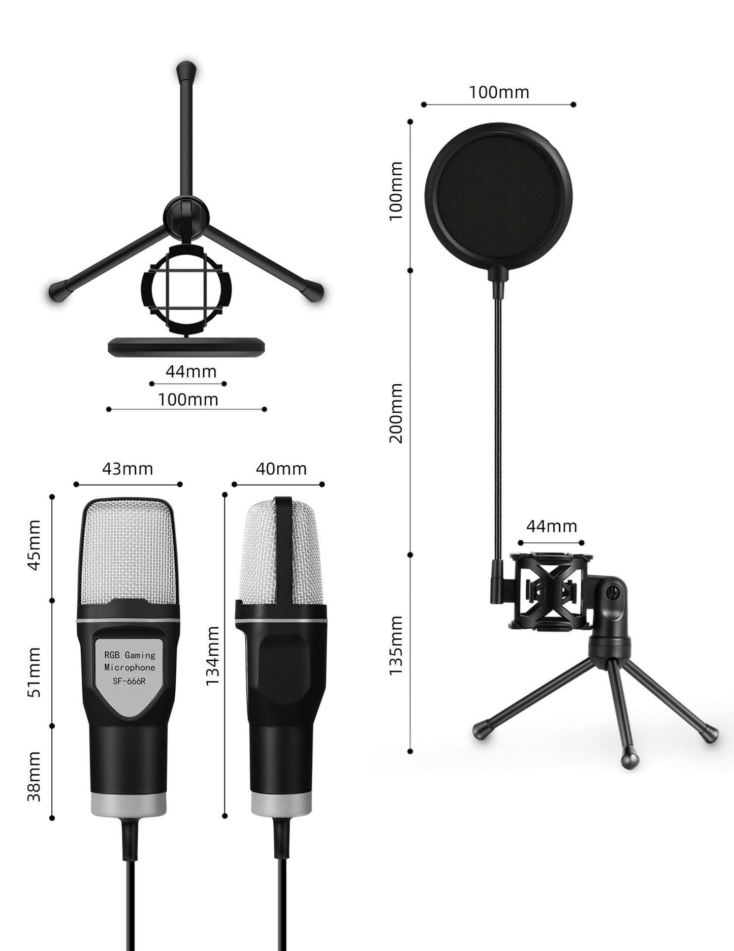 Dimensions of RGB Gaming Microphone SF-666R with shock mount and pop filter in black