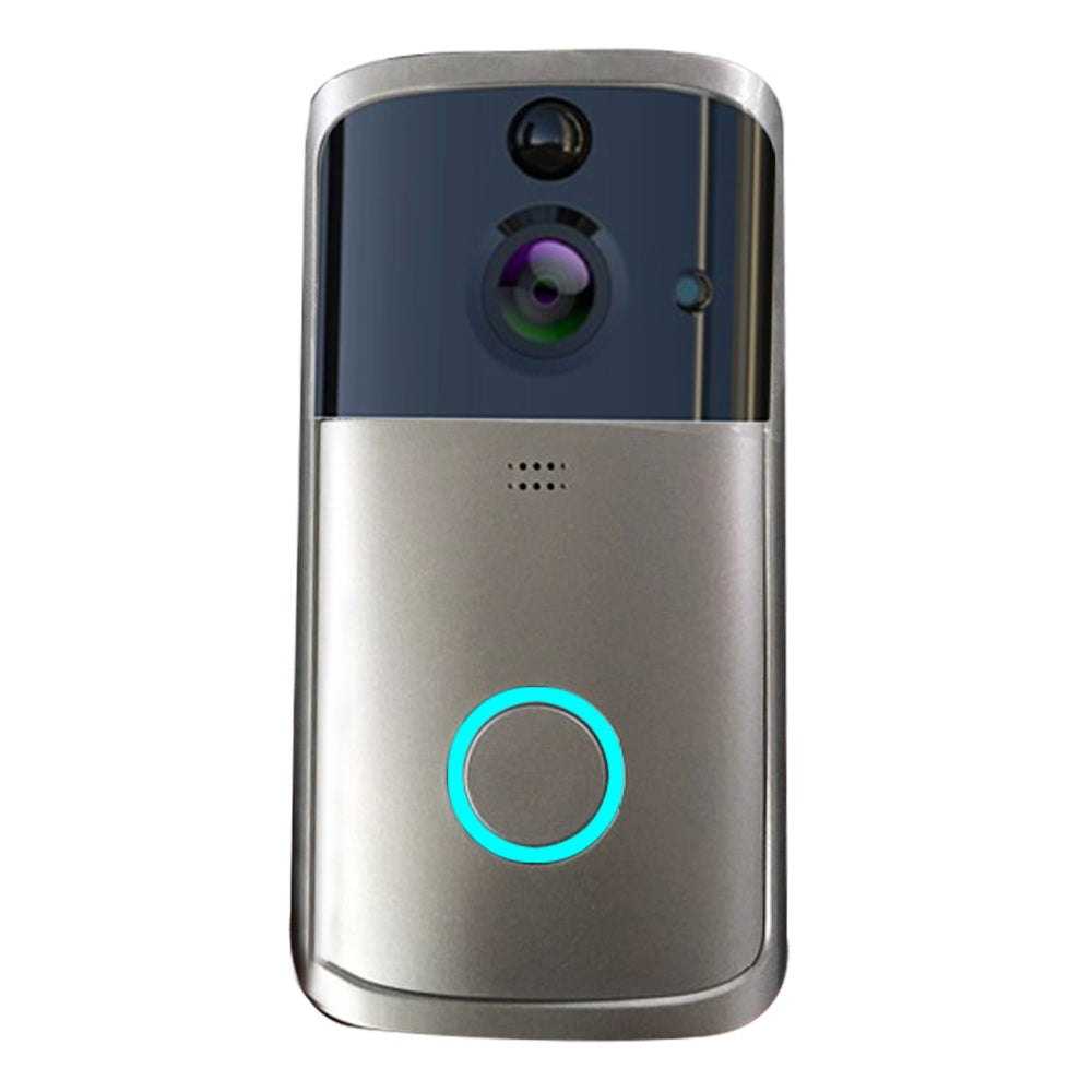 Silver wireless video doorbell with HD camera, night vision, and blue illuminated button
