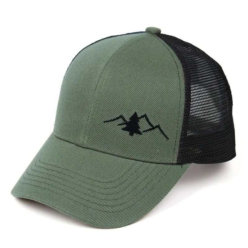 Green adjustable trucker cap with black mesh back and mountain graphic embroidery