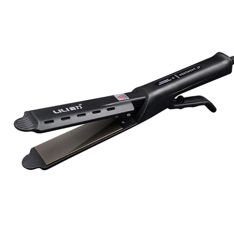 Black LILI hair straightener with ceramic plates and vented top cover for fast heating