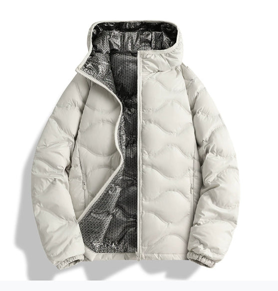 Unisex white duck down winter jacket with stand collar and patterned inner lining