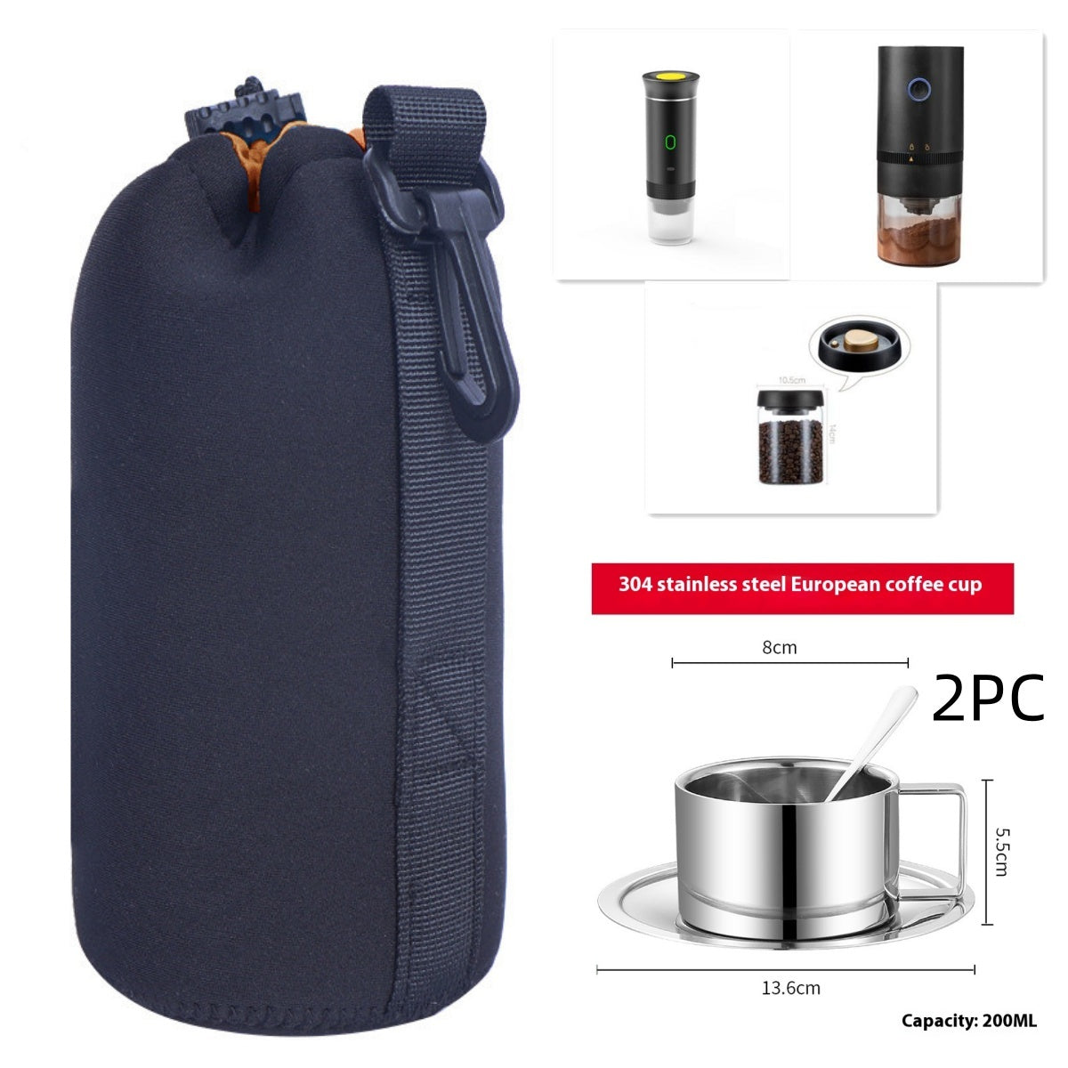 Black protective carrying case with strap for portable espresso maker and accessories