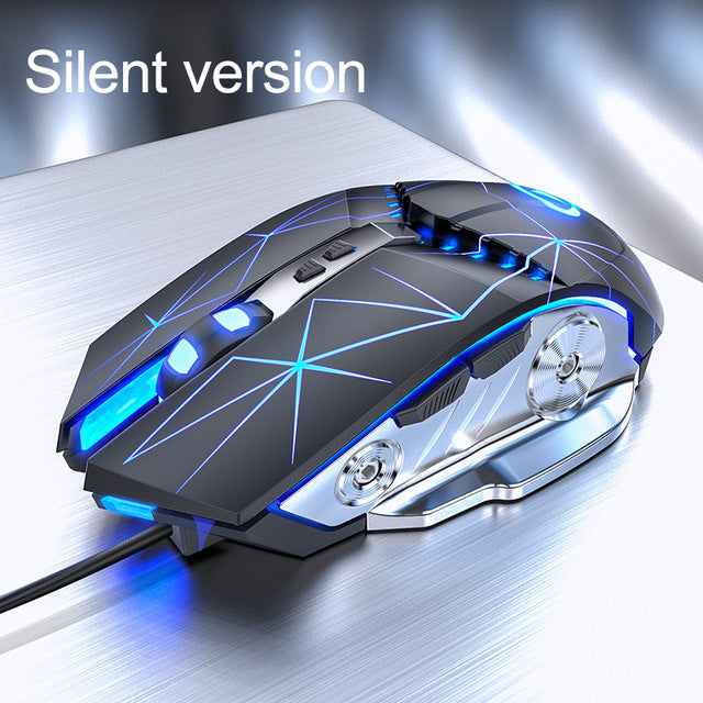 Black wired silent gaming mouse with blue LED lights and geometric patterns on metallic surface