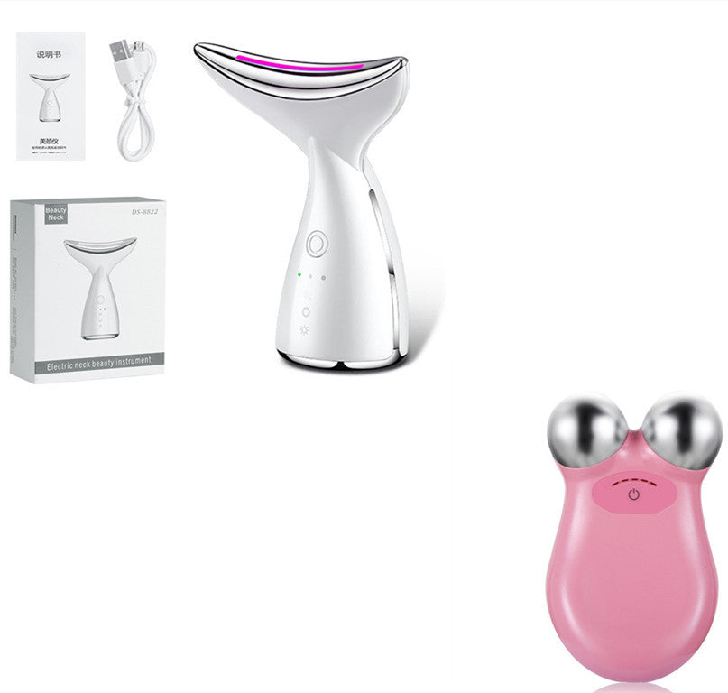 White electric neck beauty instrument with LED light, USB cable, manual, and pink facial roller with silver massage balls