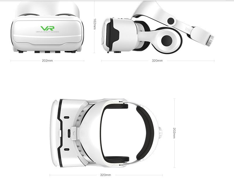 White Trendoligy VR headset with adjustable straps and padded interior, shown from front, side, and top views with dimensions