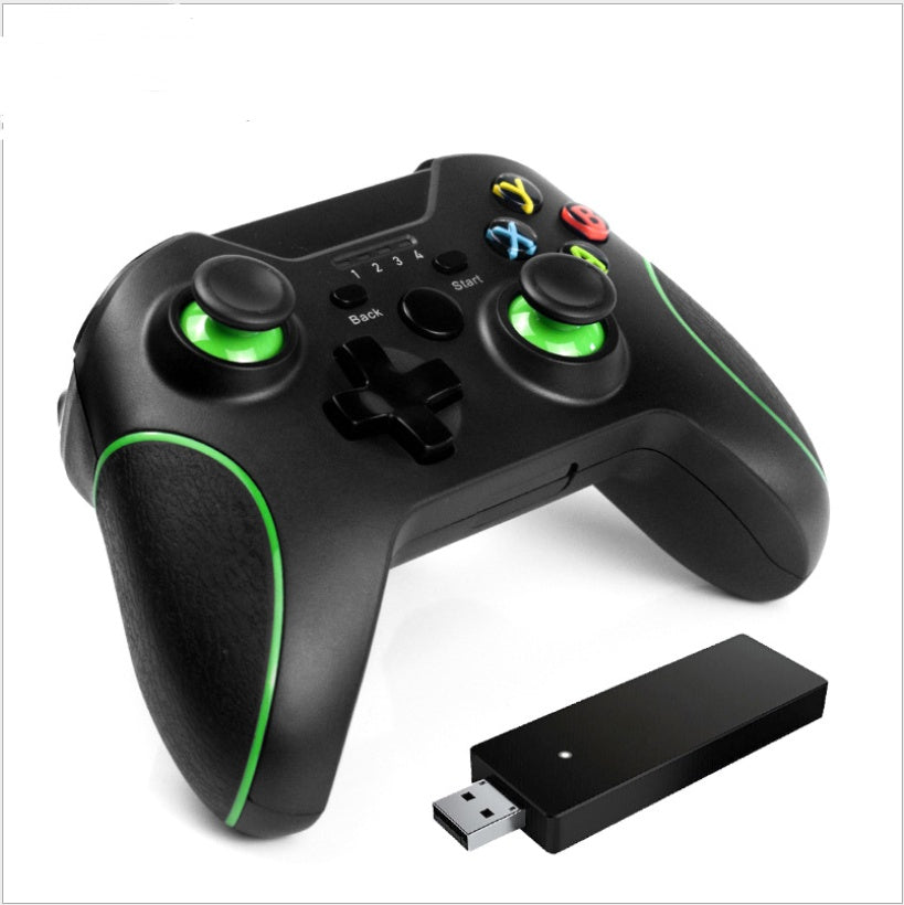 Black wired USB game controller with green accents and colored buttons, with a black USB dongle on white background