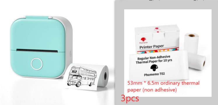 Portable blue mini thermal printer with inkless printing and roll of printed bus image on white background