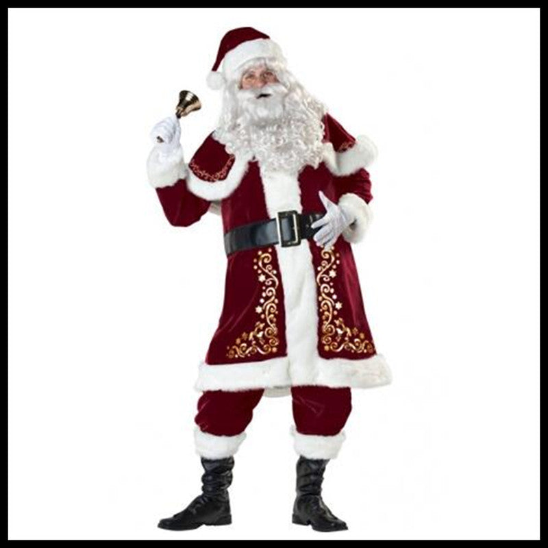 Adult Santa Claus costume with red velvet suit, white fur trim, decorative gold embroidery, black boots, and bell