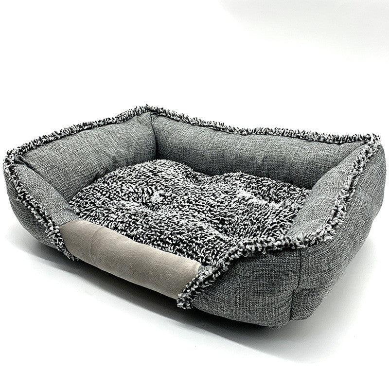 gray rectangular cozy pet bed with soft plush lining and cushioned sides