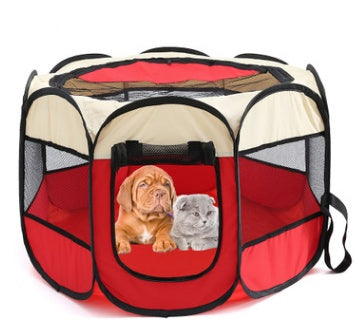 octagonal red and beige portable pet playpen with breathable mesh panels housing a brown puppy and gray kitten