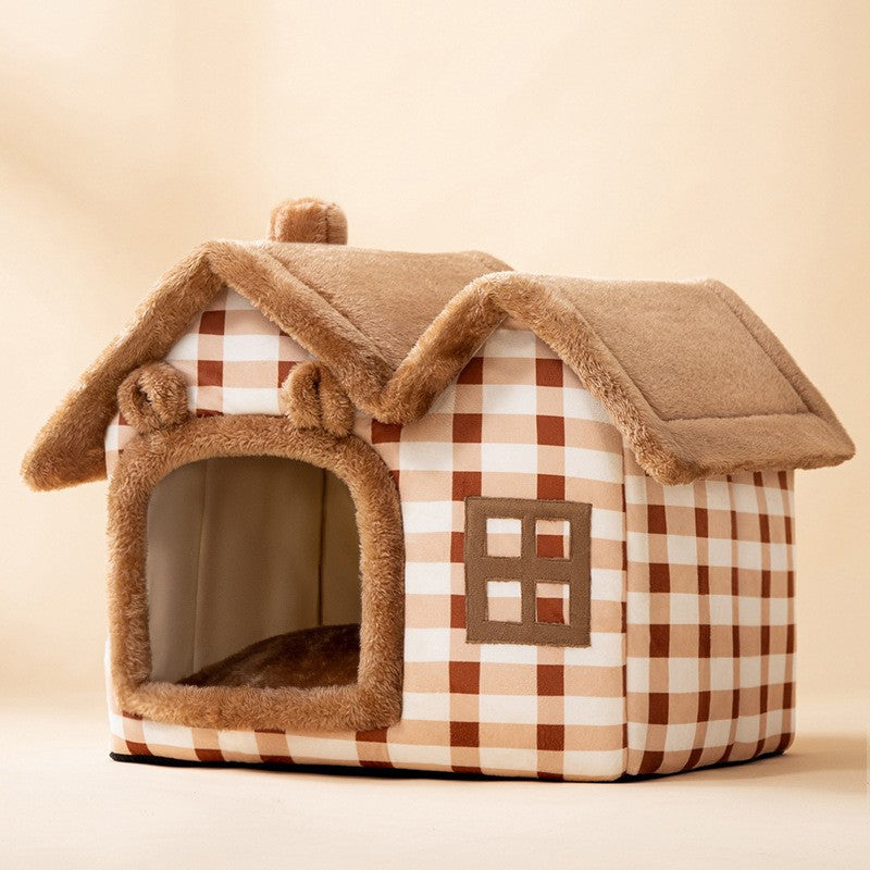 small cozy pet house with brown plaid pattern, soft plush roof, and bear-ear entrance