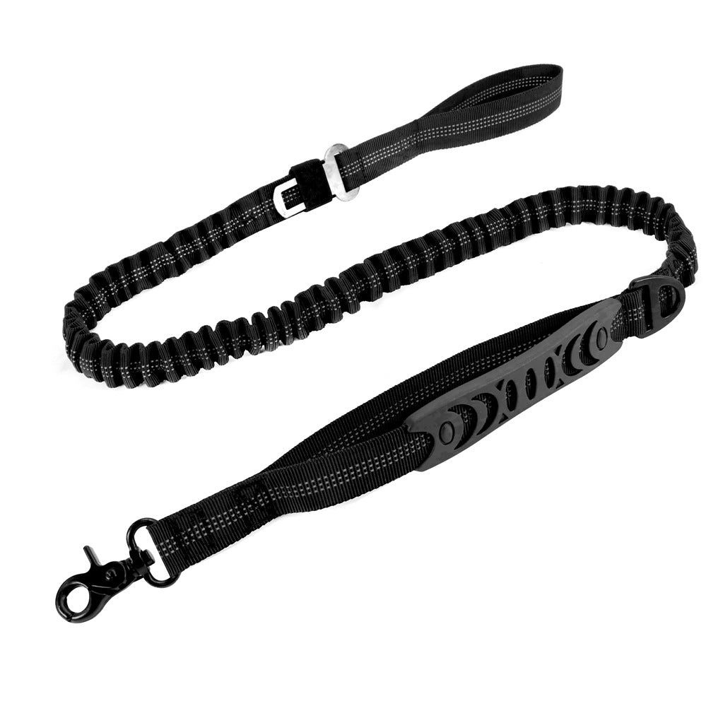 Black heavy-duty adjustable bungee dog leash with reflective stitching and zero shock technology