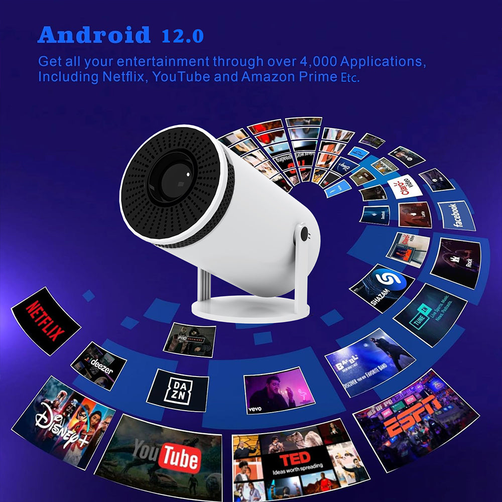 White portable mini projector with Android 12.0 OS displaying apps like Netflix, YouTube, and Disney+