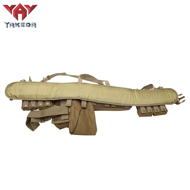 Brown tactical vest with multiple pouches and padded shoulder straps isolated on white