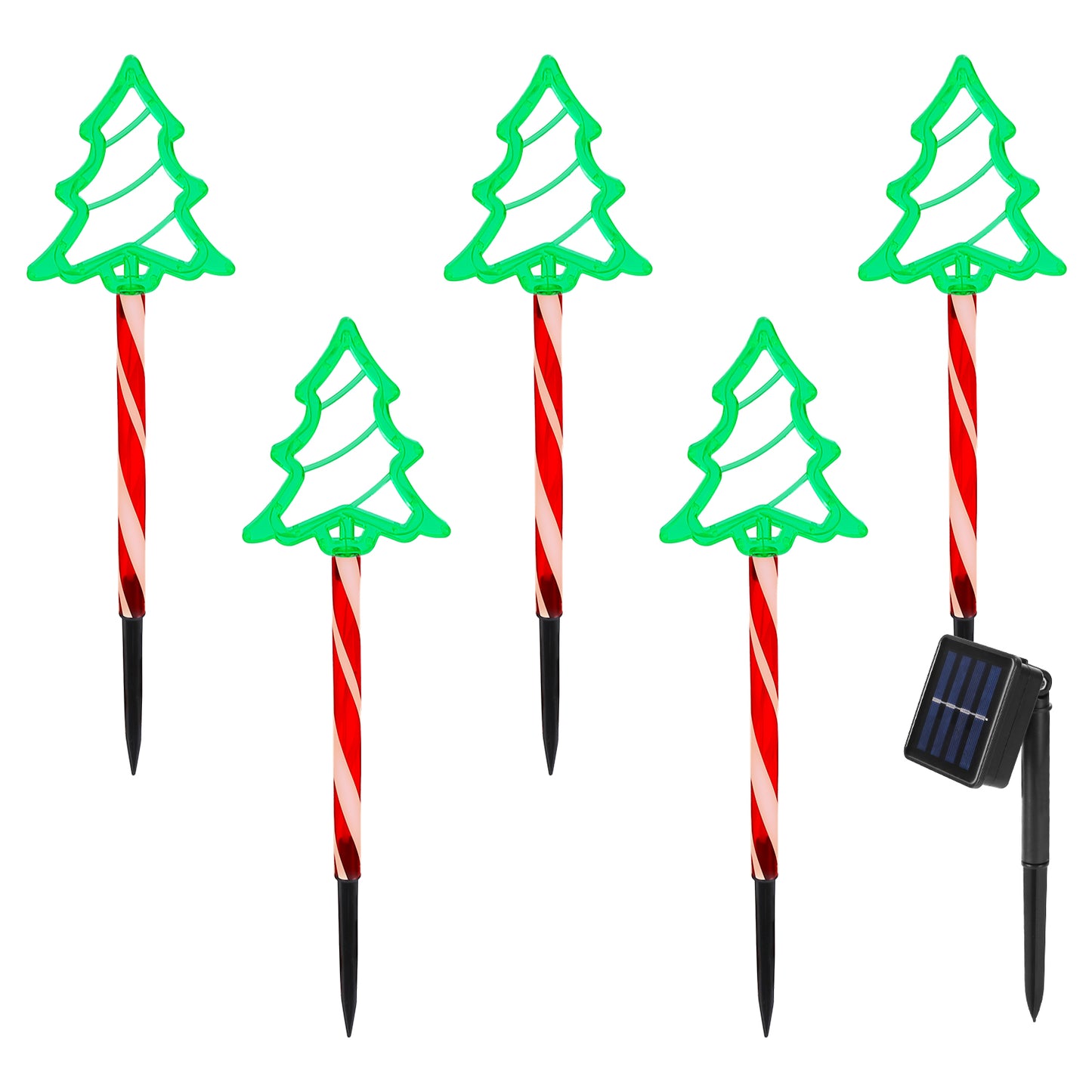 Set of five solar-powered Christmas tree pathway lights with candy cane striped stakes and black solar panel