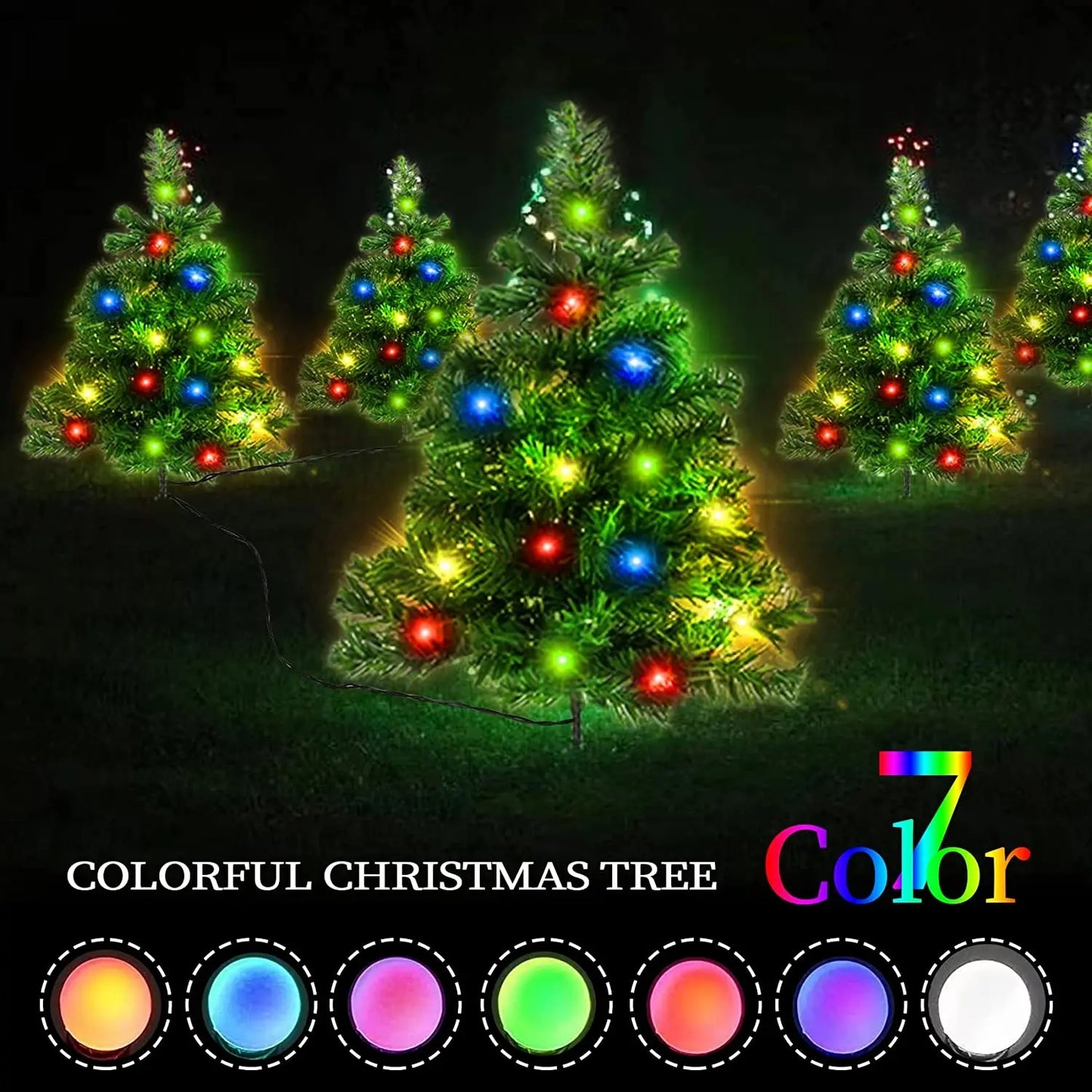 Multicolored LED-lit Christmas trees in a dark outdoor setting showcasing seven color options