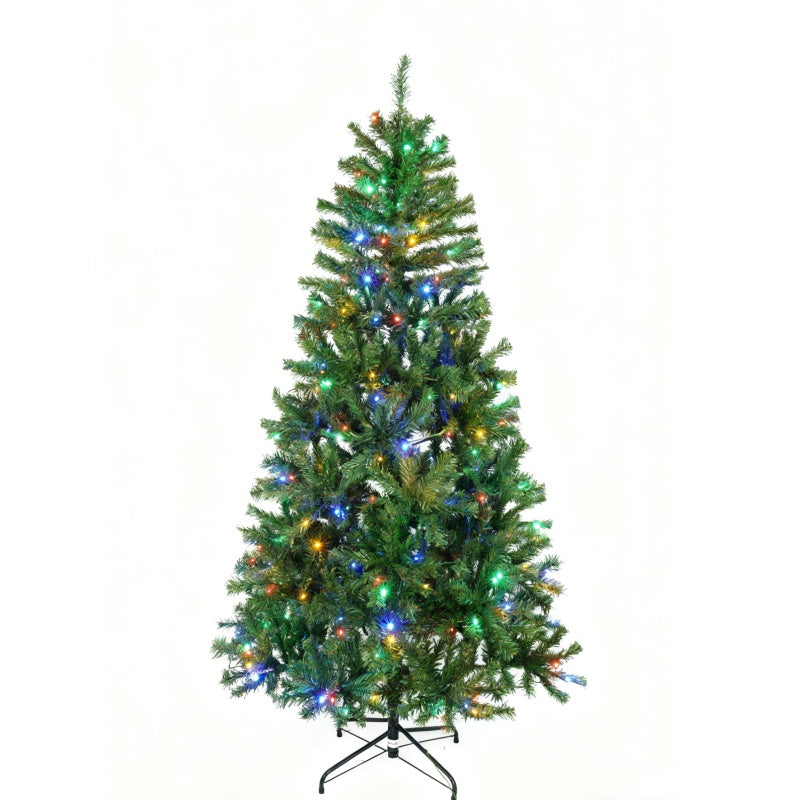 5.4 ft artificial Christmas tree with colorful pre-lit LED lights and green branches on metal stand