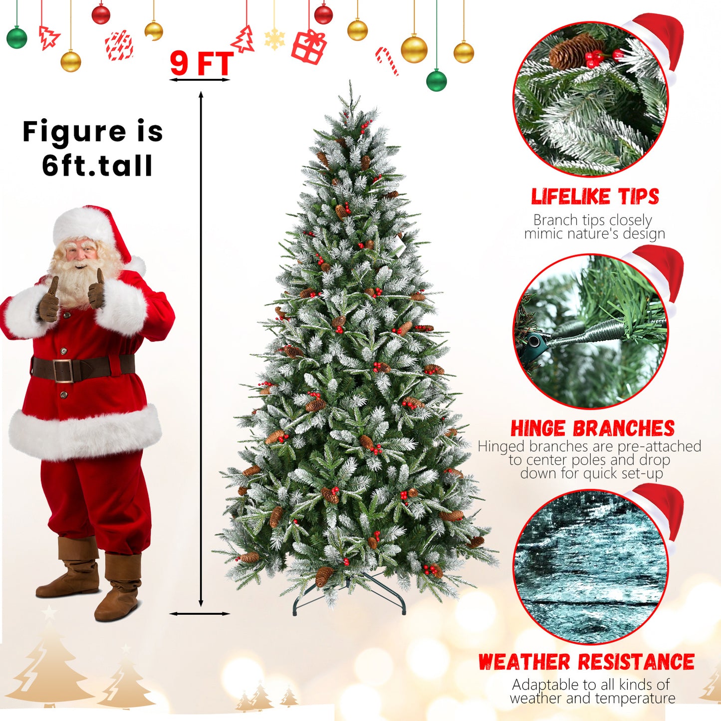 6ft artificial Christmas tree with frosted tips, pine cones, and red berries, with hinge branches and weather resistance