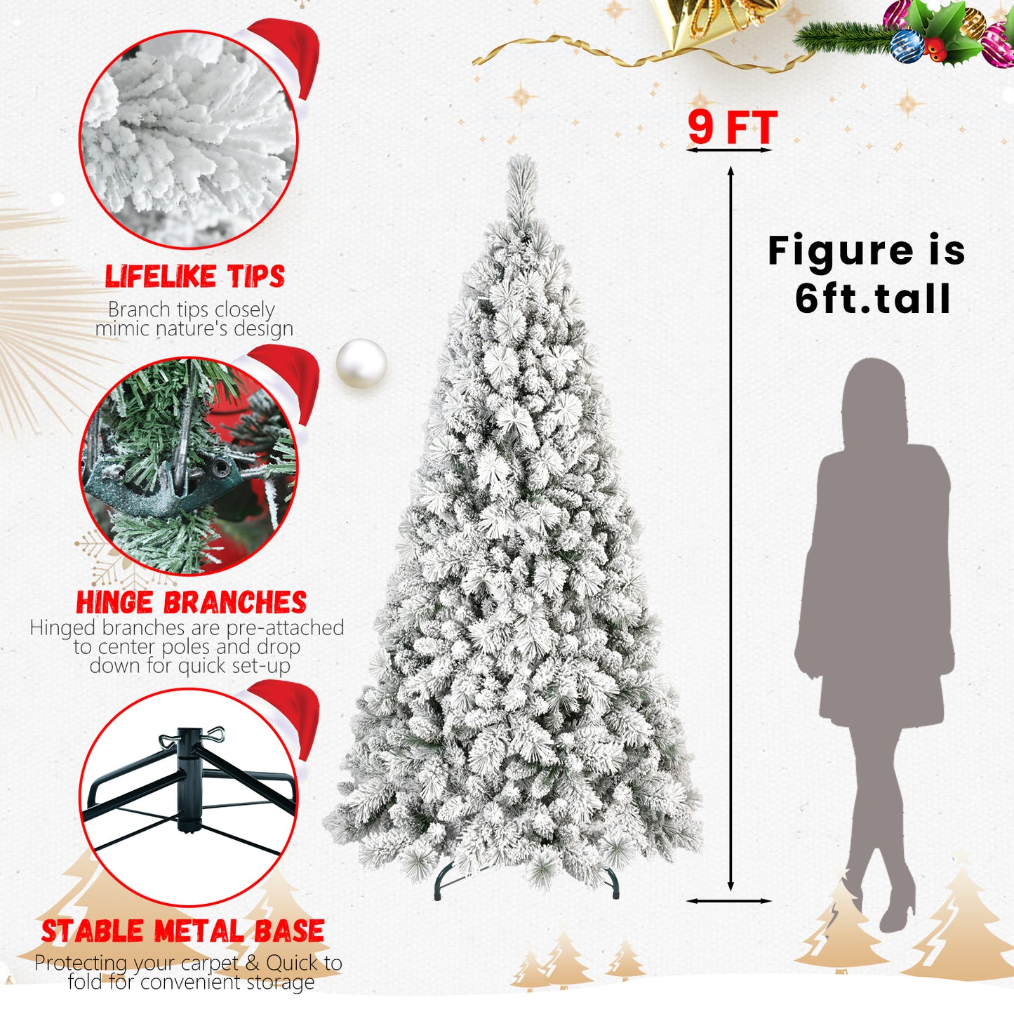 9 ft tall flocked artificial Christmas tree with lifelike tips, hinge branches, and stable metal base