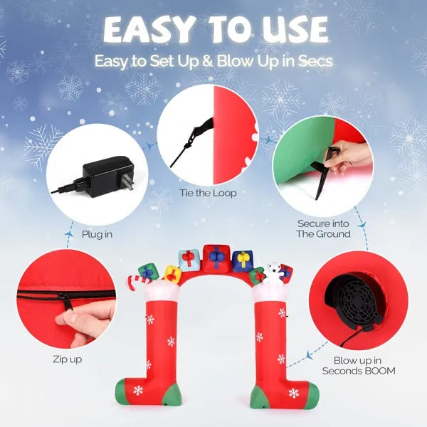 Step-by-step guide to set up a 9ft LED Christmas sock arch with gift boxes, easy plug-in and secure ground spikes