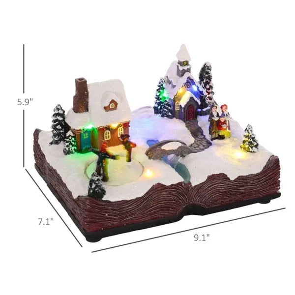 animated musical LED Christmas village decoration with snowy house, church, skating figures, and pine trees