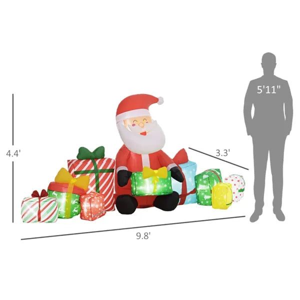 Inflatable Santa Claus Christmas yard decoration with colorful wrapped presents and LED lights