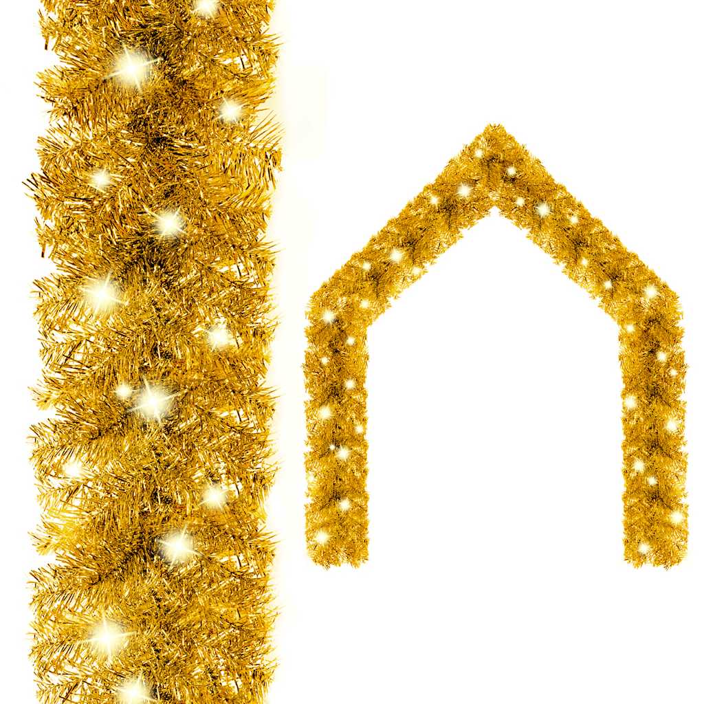 Gold LED Christmas garland with sparkling lights, shown as a straight strand and an arch shape