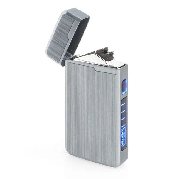 Silver rechargeable plasma lighter with dual arc and blue LED display on a white background