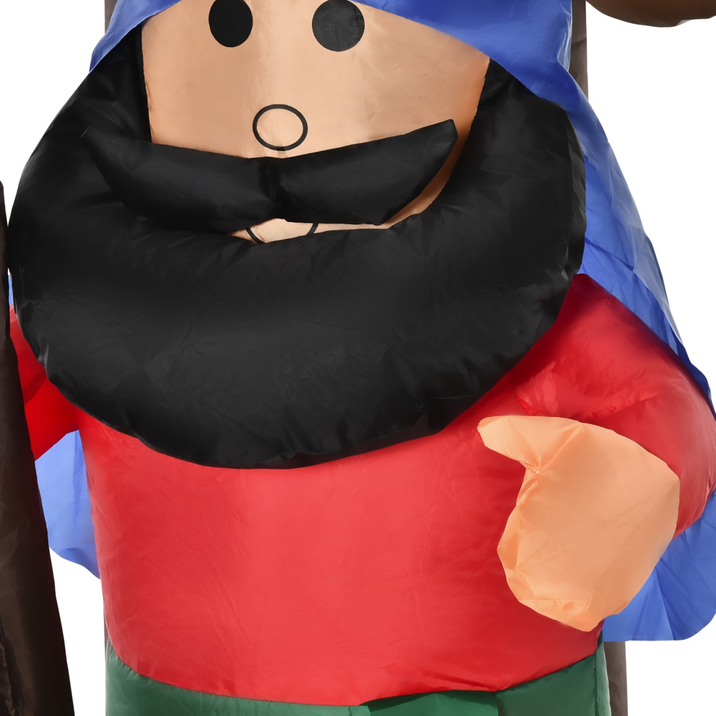 Inflatable Christmas nativity figure with black beard, red shirt, blue head covering, and LED lights