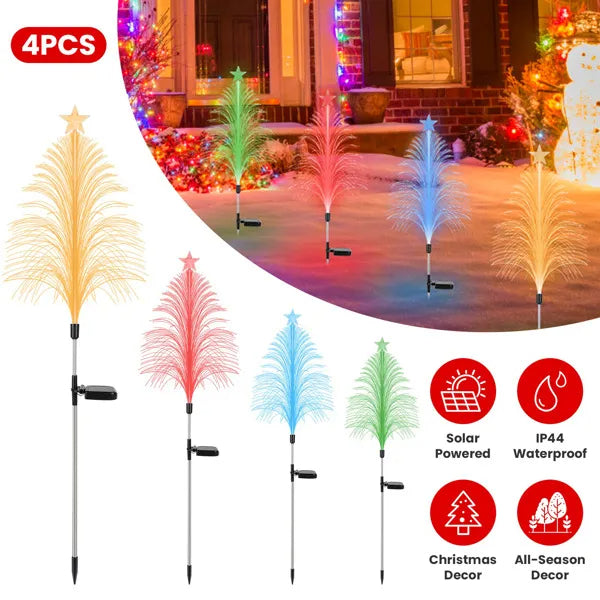 Set of 4 colorful solar-powered fiber optic cedar tree lights for outdoor Christmas and all-season decor