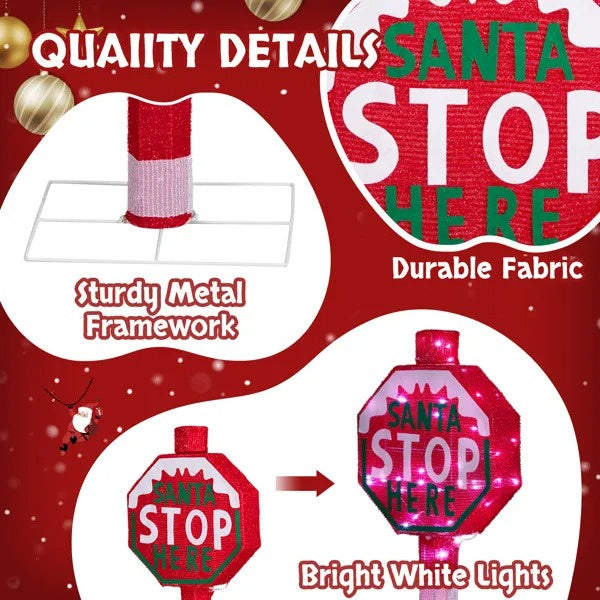 Christmas yard decor sign with 'Santa Stop Here' text, red fabric, metal frame, and bright white LED lights