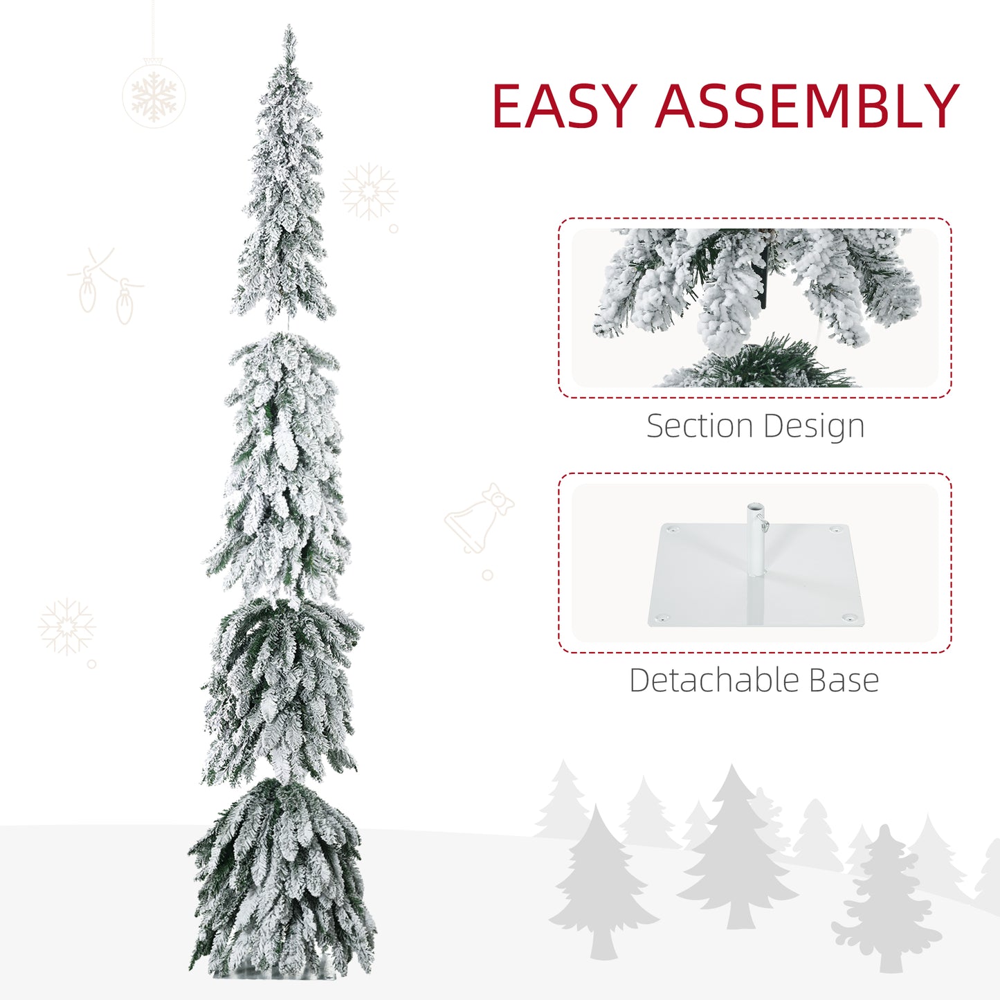 Slim 7ft flocked artificial Christmas tree with detachable base and section design for easy assembly