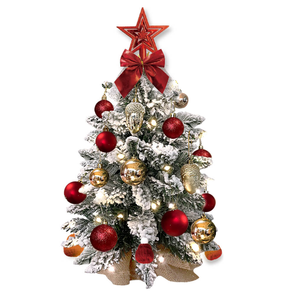 2ft flocked mini Christmas tree with red and gold ornaments, red bow, star topper, and warm white lights