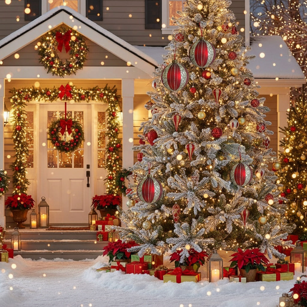 Snow-covered Christmas tree with red and gold ornaments, poinsettias, wreaths, lights, and gift boxes at house entrance