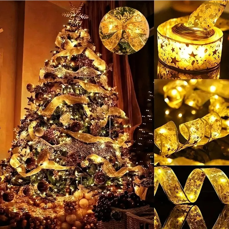 Christmas tree decorated with gold mesh ribbon, warm white lights, ornaments, and festive garland indoors