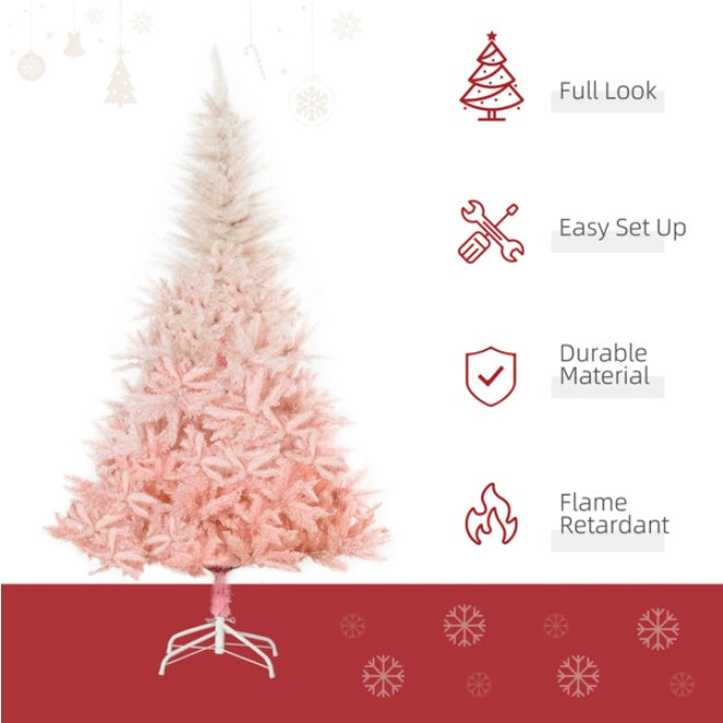 7ft pink ombre Christmas tree with white stand, easy setup, durable flame retardant material