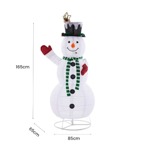 5ft white LED lighted snowman decoration with black buttons, green scarf, red mittens, and black top hat