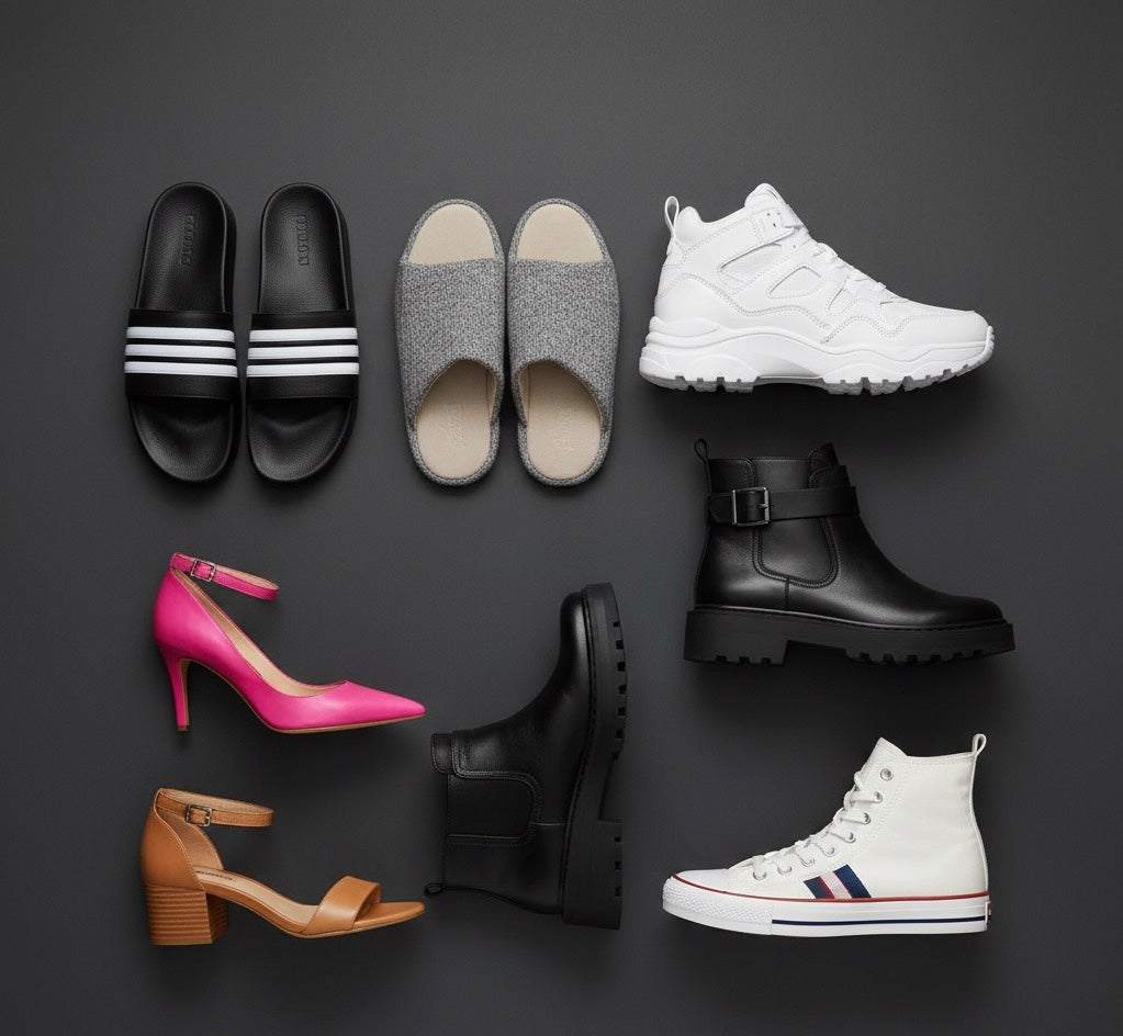 Flat lay of assorted footwear including black slides, grey slippers, white sneakers, black boots, pink heels, brown sandals, and white high-top sneakers