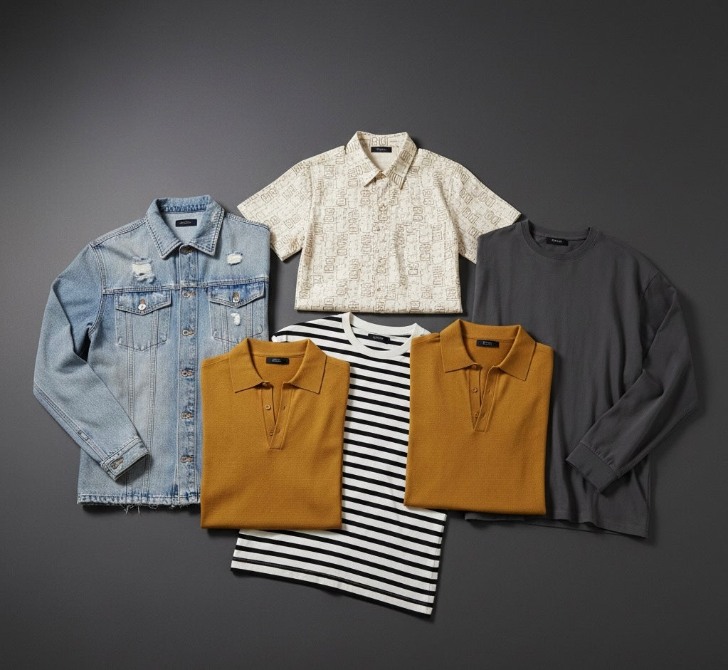 Flat lay of men's casual tops including denim jacket, printed short sleeve shirt, long sleeve tee, striped tee, and two mustard polo shirts