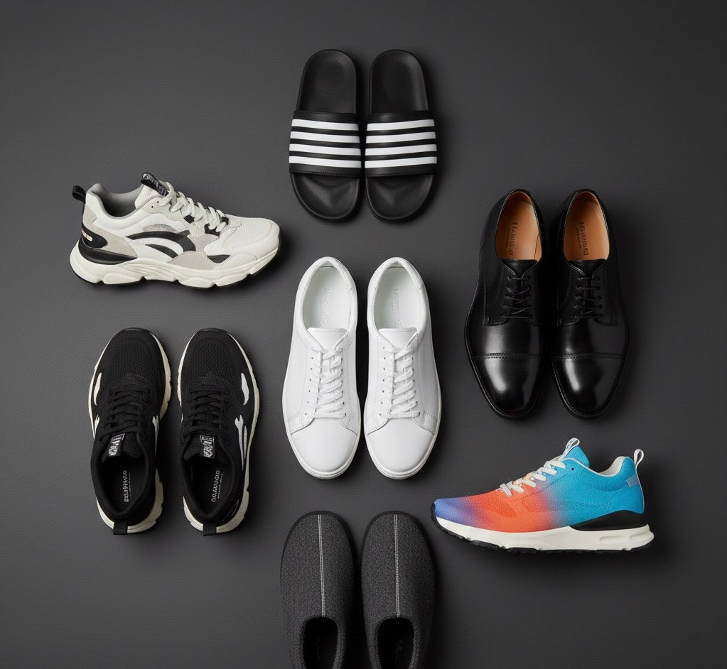 Top view of various footwear including black sandals, sneakers, dress shoes, and slippers on dark background