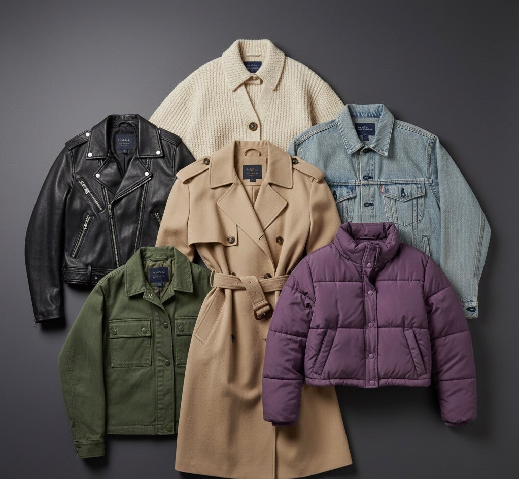 Collection of six stylish jackets including black leather, beige trench coat, denim, purple puffer, green utility, and cream knit on gray background