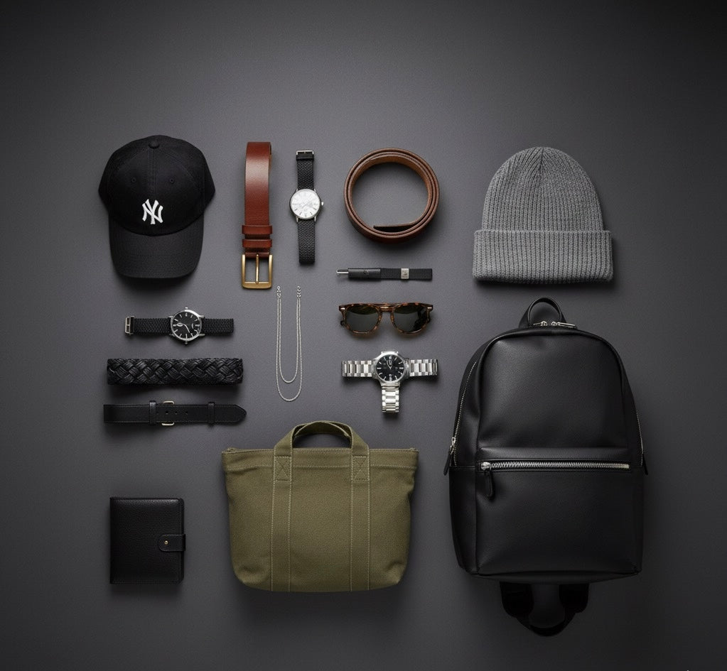 Flat lay of men's fashion accessories including New York Yankees cap, leather belts, watches, sunglasses, knit beanie, backpacks, and wallets on dark background